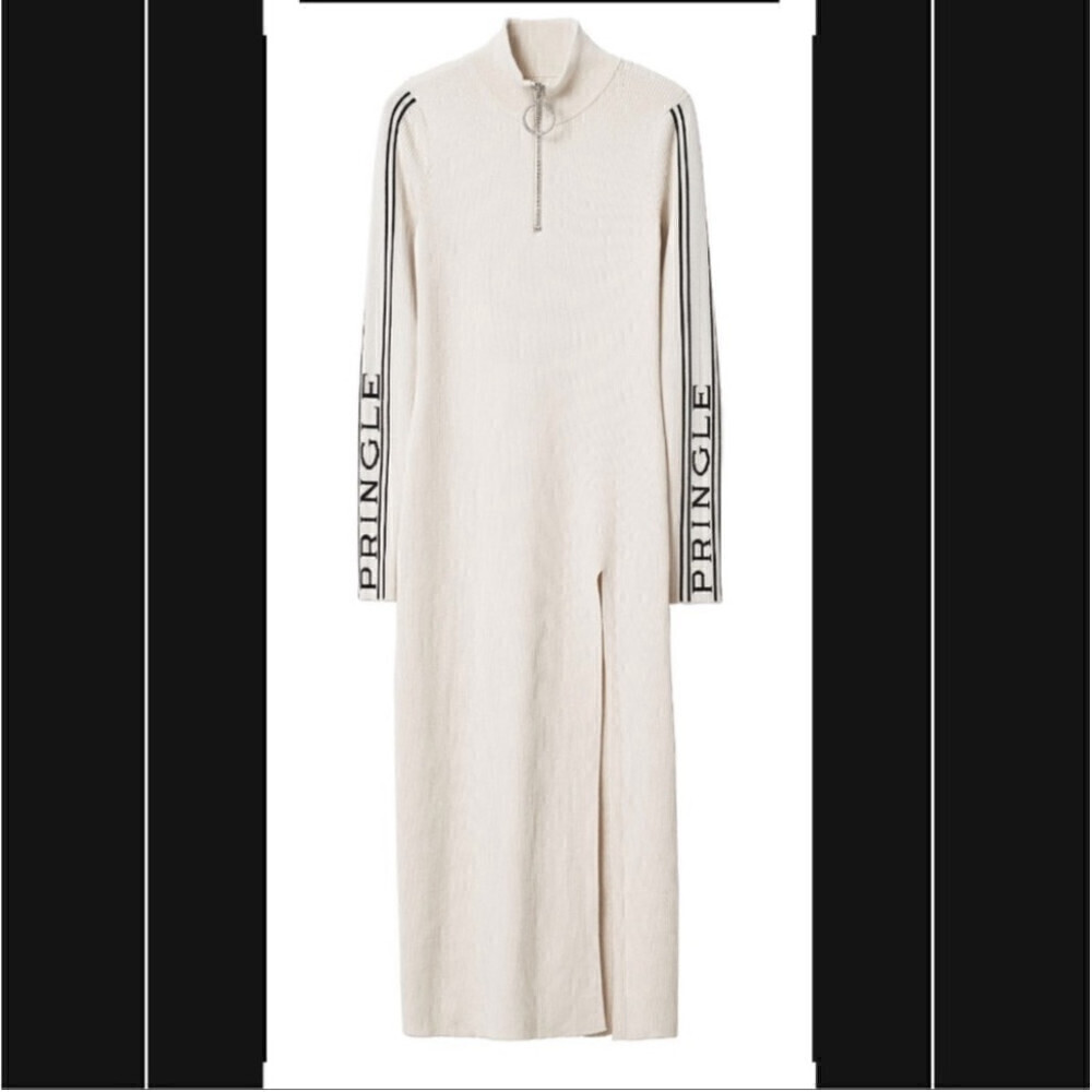 PRINGLE of Scotland x H&M sweater dress ribbed cream spellout slit sz sm